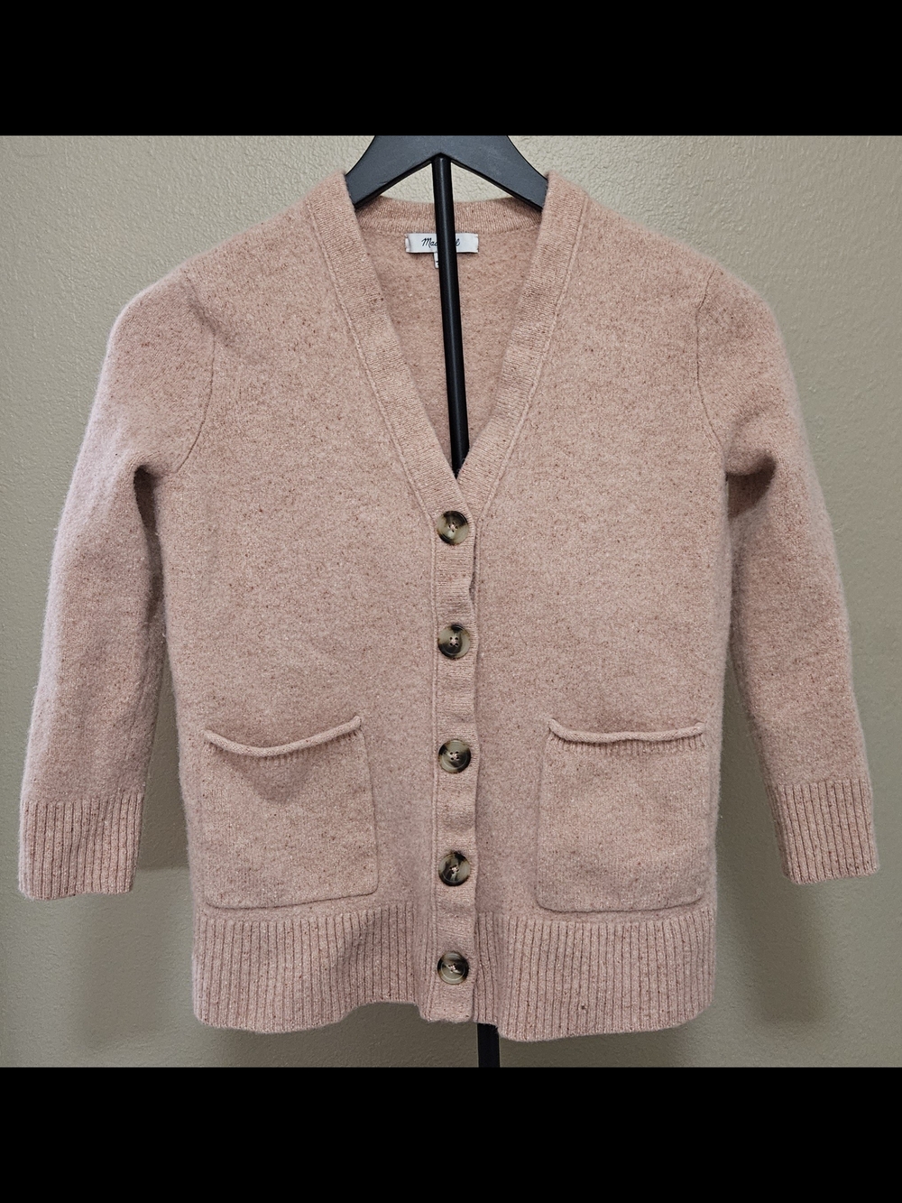 Pink Madewell Merino Wool 3/4 Sleeve Button Front Cardigan With Pockets
